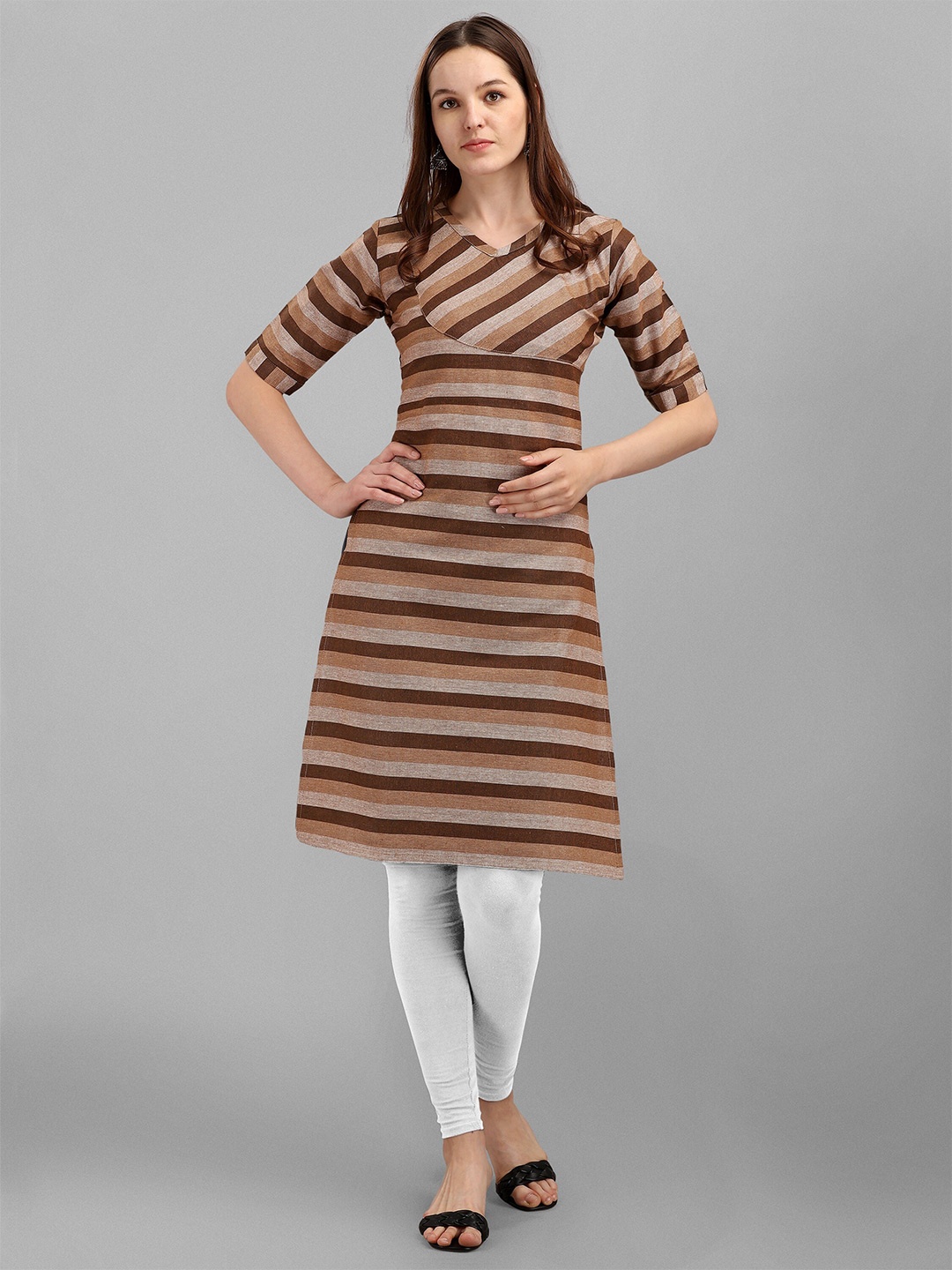 

BAESD Striped Cotton V-Neck Thread Work Khadi A-Line Kurta, Brown