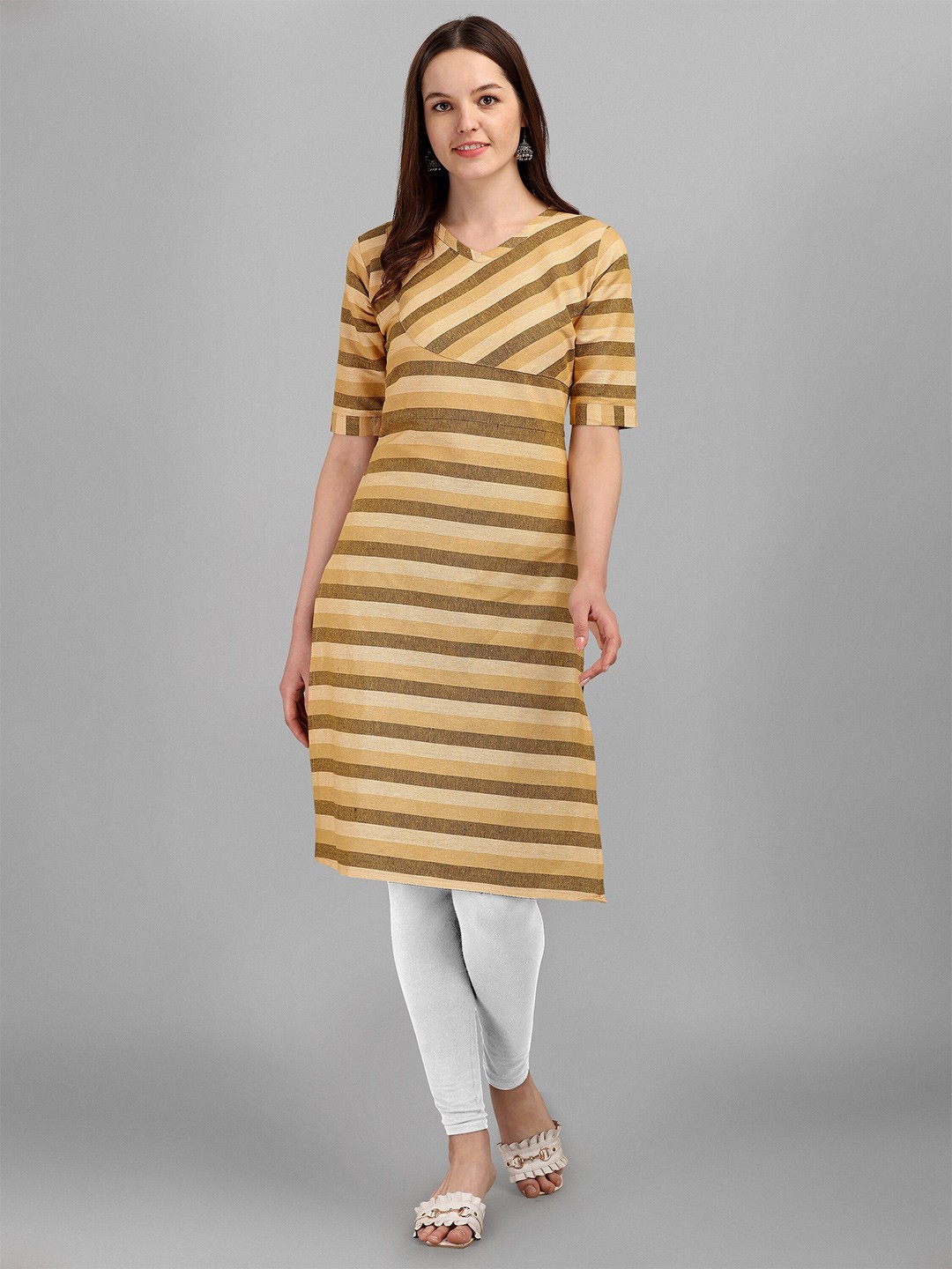

BAESD Striped Cotton V-Neck Thread Work Khadi A-Line Kurta, Yellow