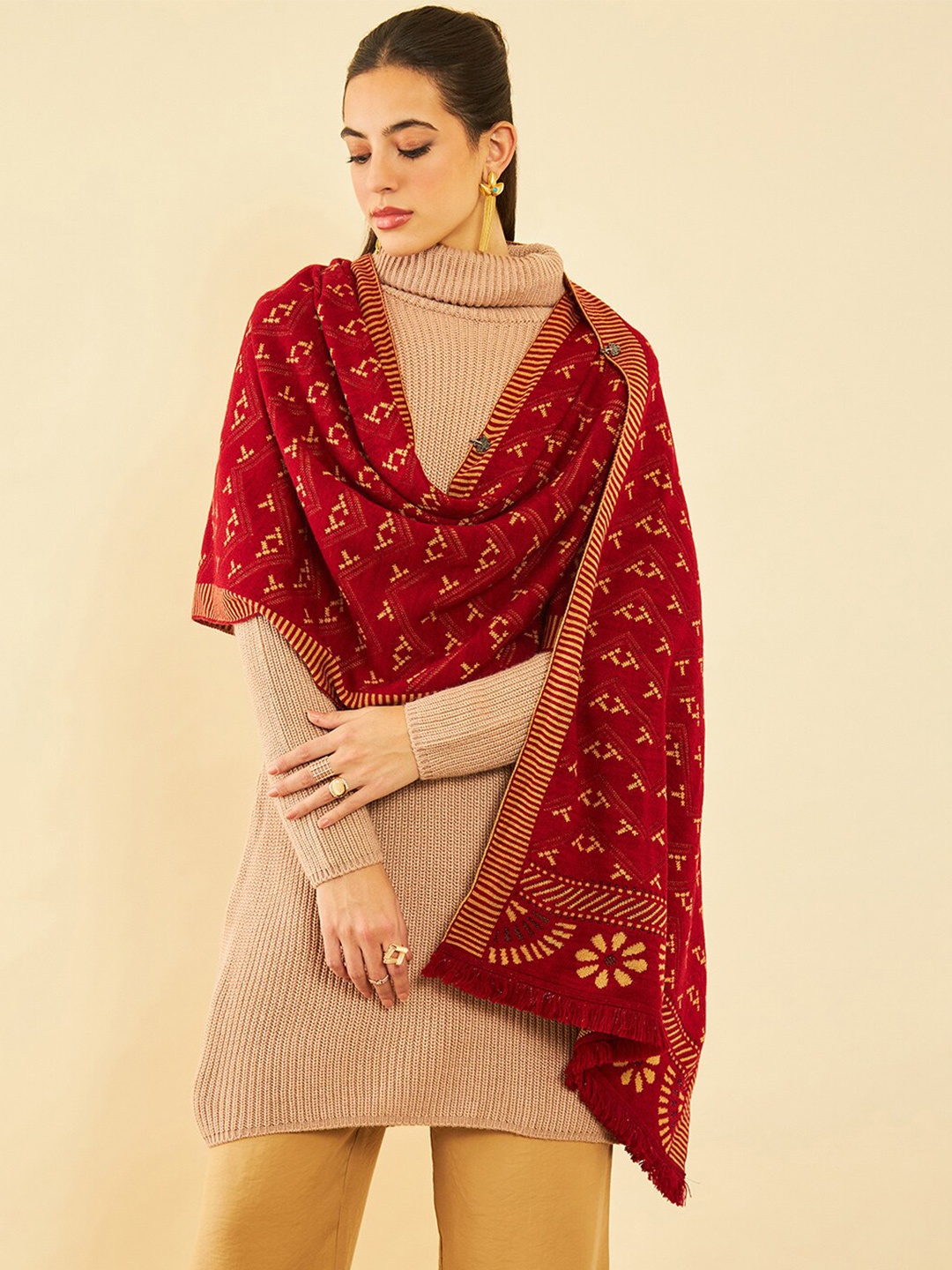 

Soch Geometric Woven Design Acrylic Winter Shawl, Maroon