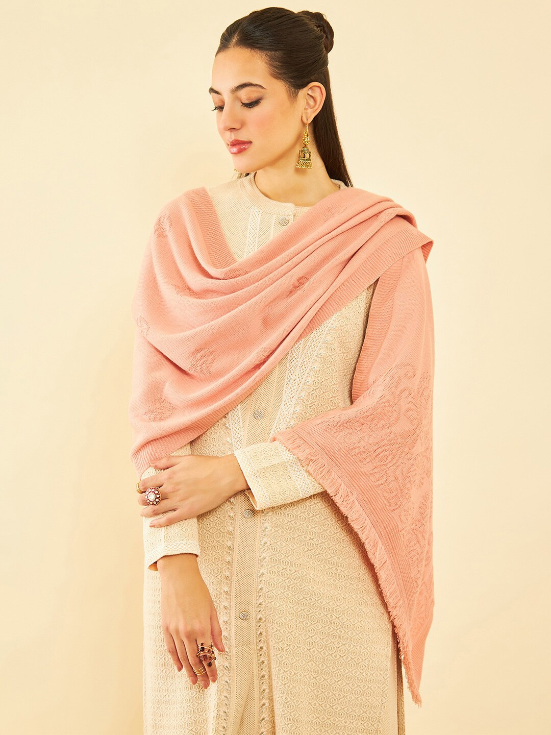

Soch Ethnic Motifs Woven Design Acrylic Shawl, Peach