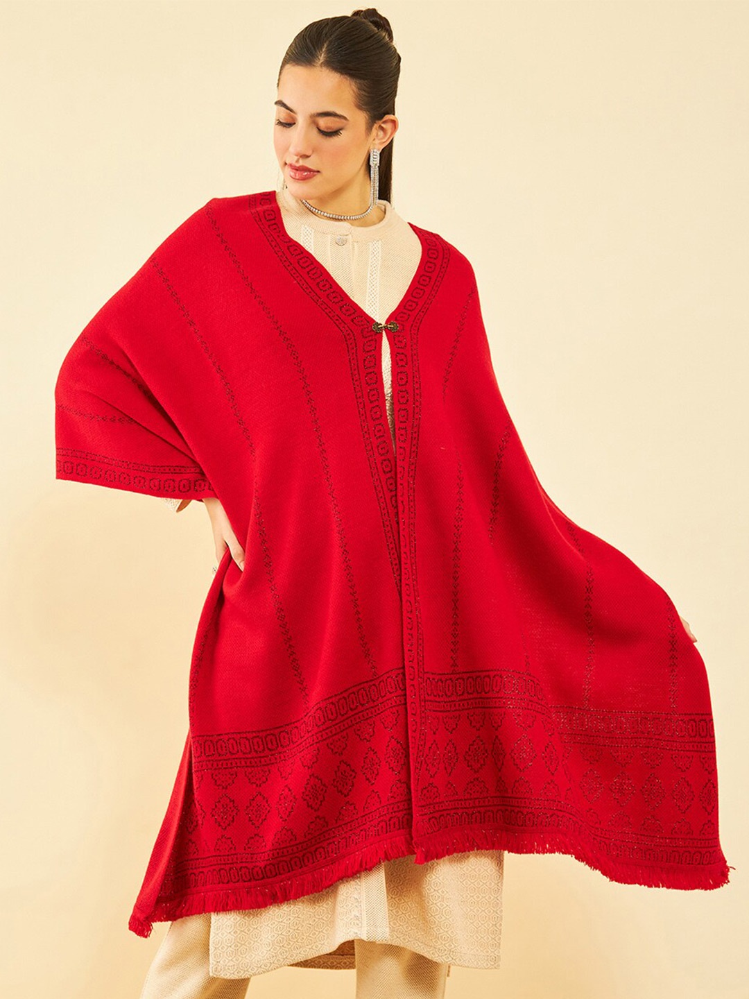 

Soch Red Woven Designed Acrylic Shawl