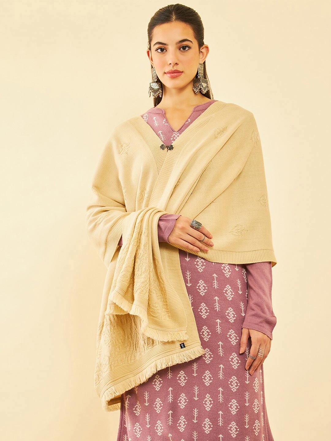 

Soch Woven-designed Acrylic Winter Shawl, Cream