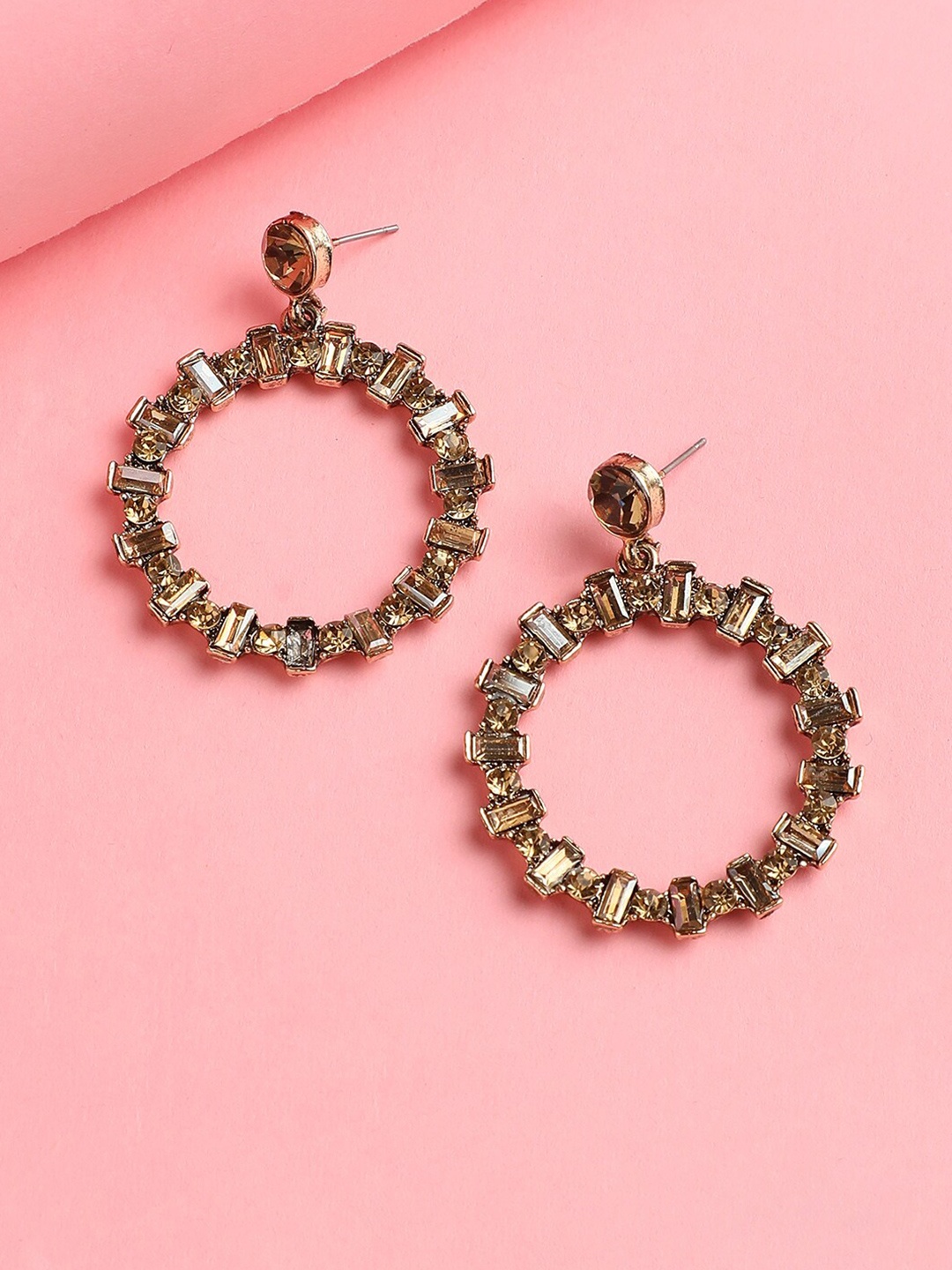 

DressBerry Gold-Plated Stone-Studded Circular Drop Earrings