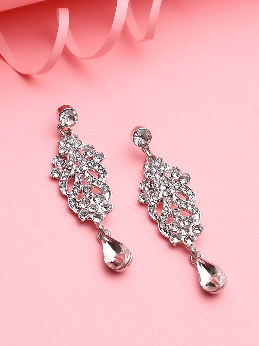 

DressBerry Silver-Toned Silver Plated Stone Studded Drop Earrings