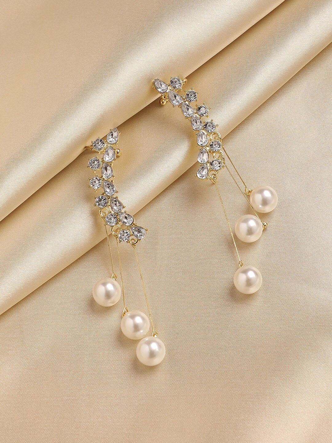 

DressBerry White Gold-Plated Stone Studded & Beaded Drop Earrings