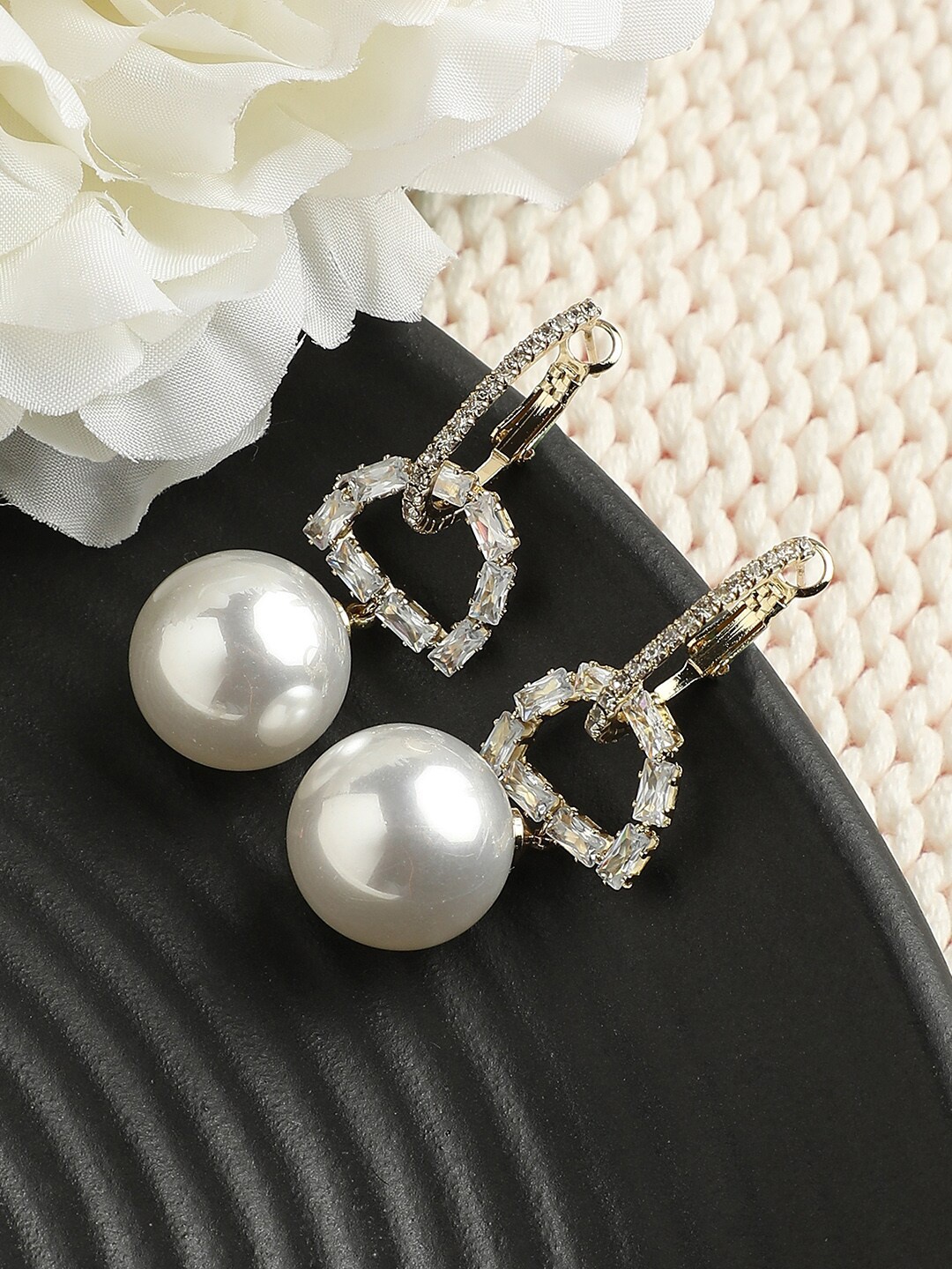 

DressBerry White Gold-Plated Stone Studded Beaded Hoop Earrings