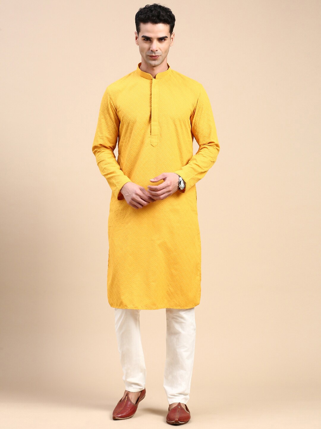 

Rishika Ethnic Motifs Embroidered Mandarin Collar Straight Kurta, Yellow