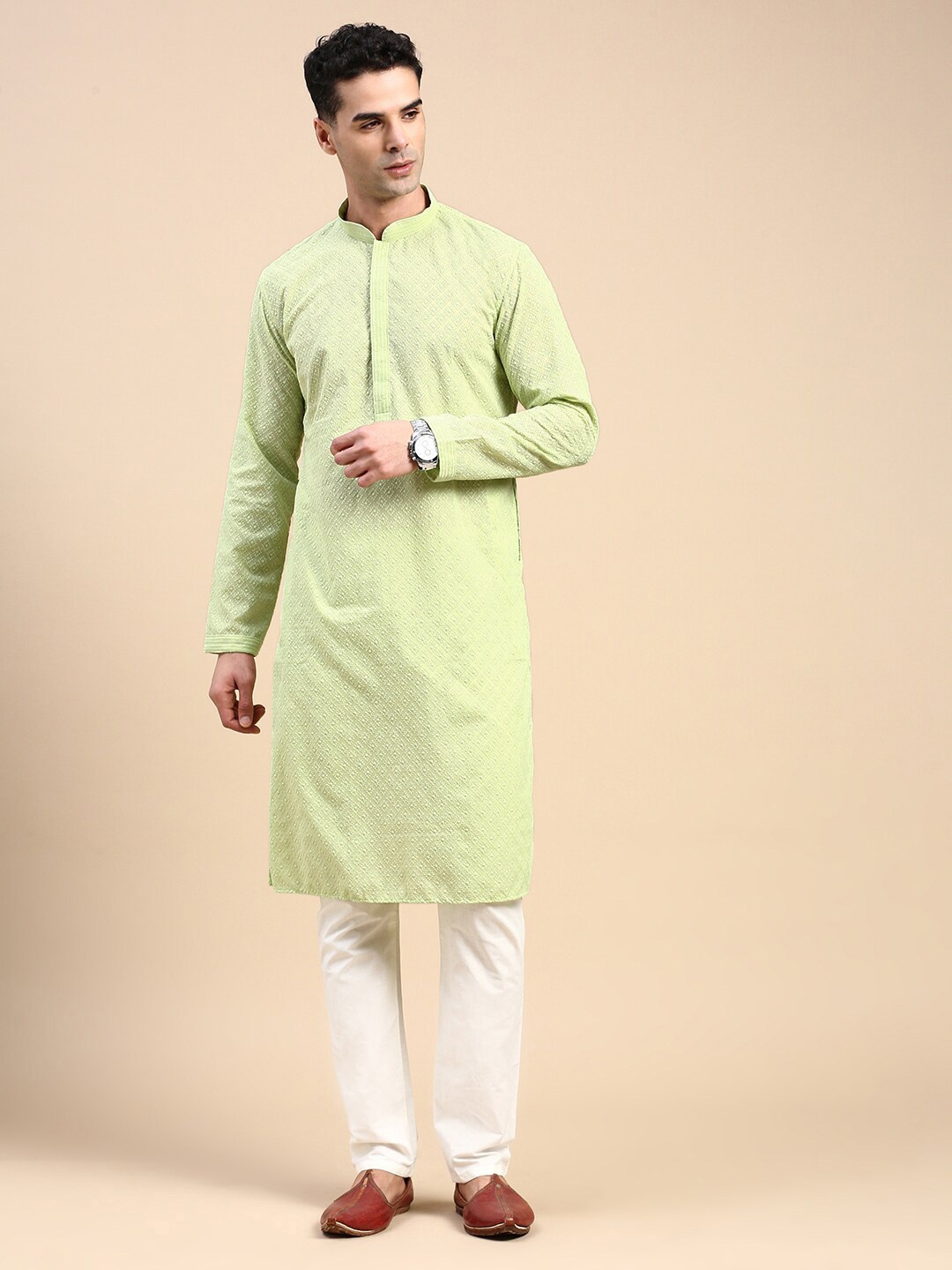 

Rishika Ethnic Motifs Woven Design Mandarin Collar Straight Kurta, Green