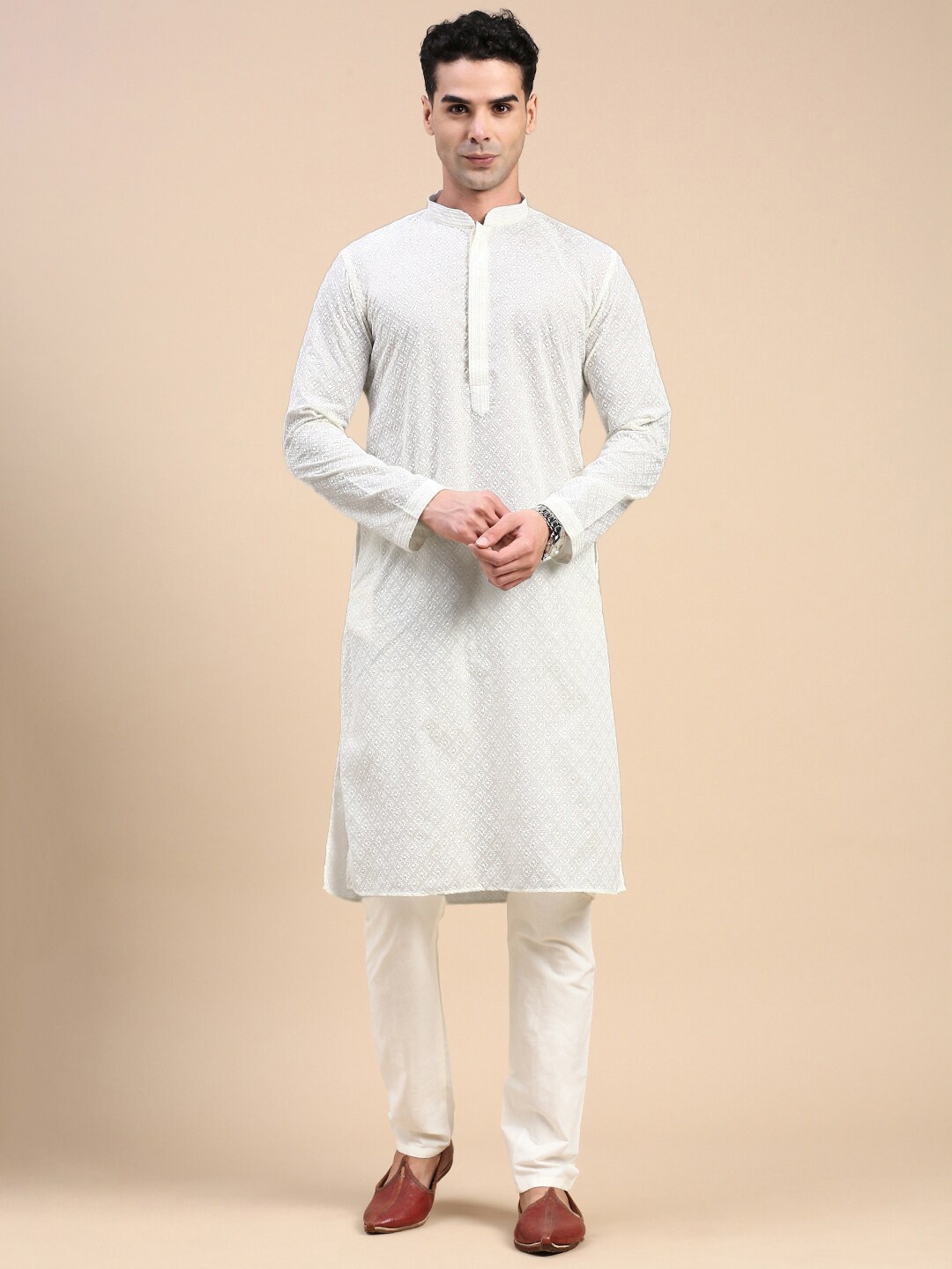 

Rishika Ethnic Motifs Mandarin Collar Straight Kurta, Cream