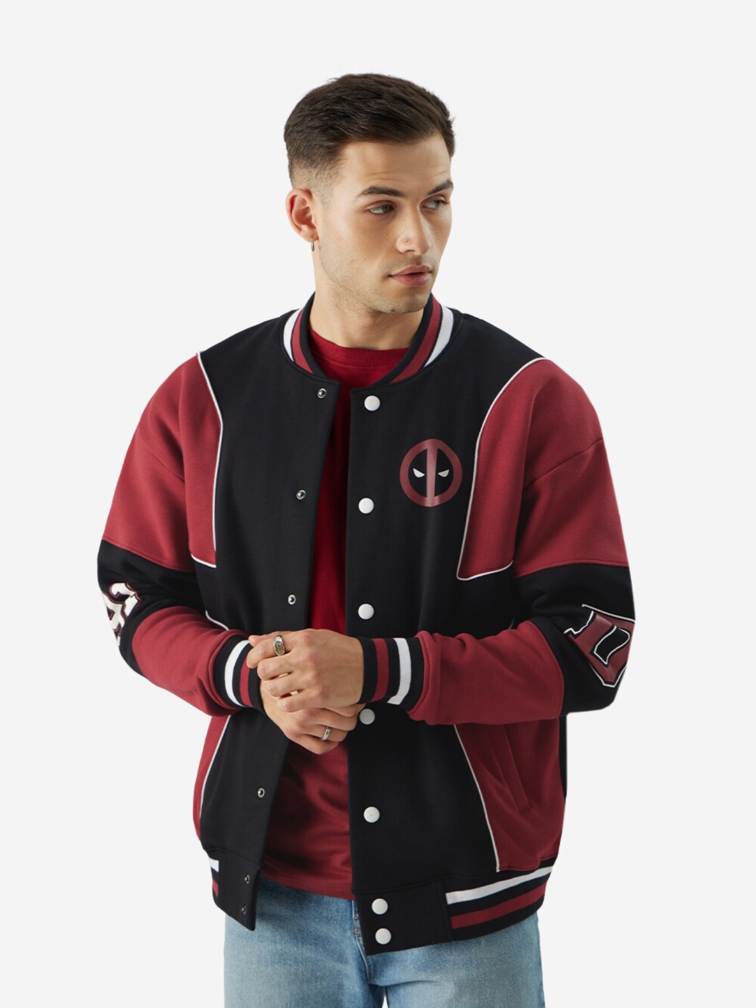 

The Souled Store Red & Black Colourblocked Lightweight Pure Cotton Varsity Jacket