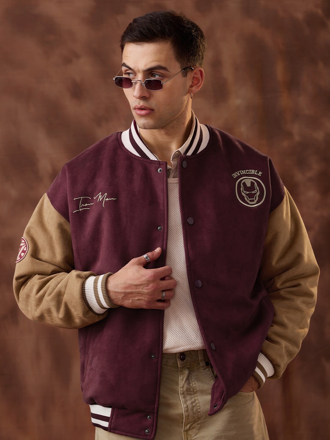 

The Souled Store Burgundy & Brown Colourblocked Lightweight Pure Cotton Varsity Jacket