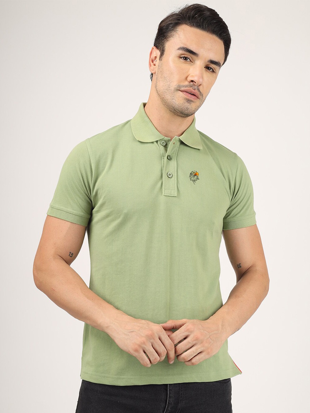 

Greylongg Printed Polo Collar Cotton Casual T-shirt, Green