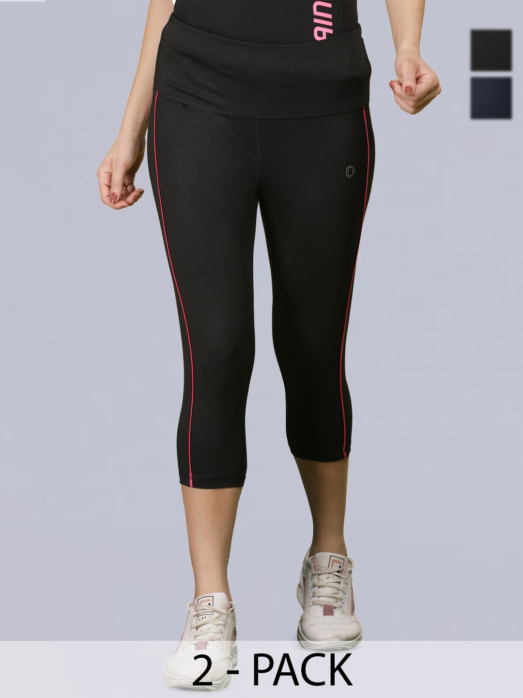 

Dollar Women Pack of 2 Microfiber Anti Bacterial Elastane Stretch Sports Capri, Black