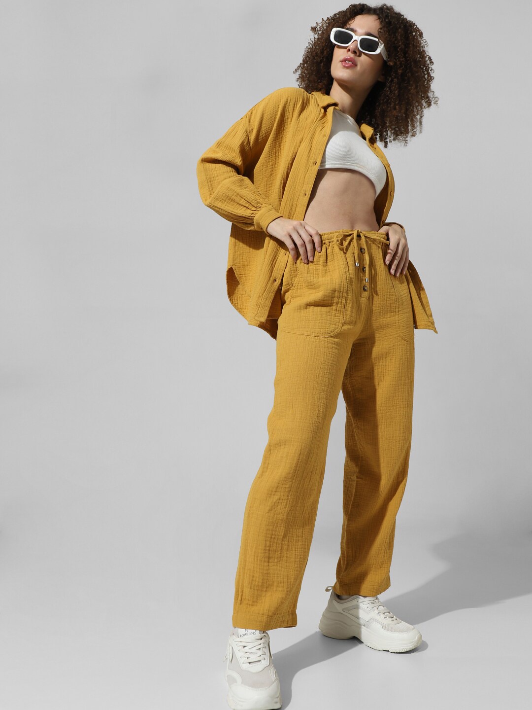 

ONLY Women Textured Straight Fit Pure Cotton Trousers, Yellow