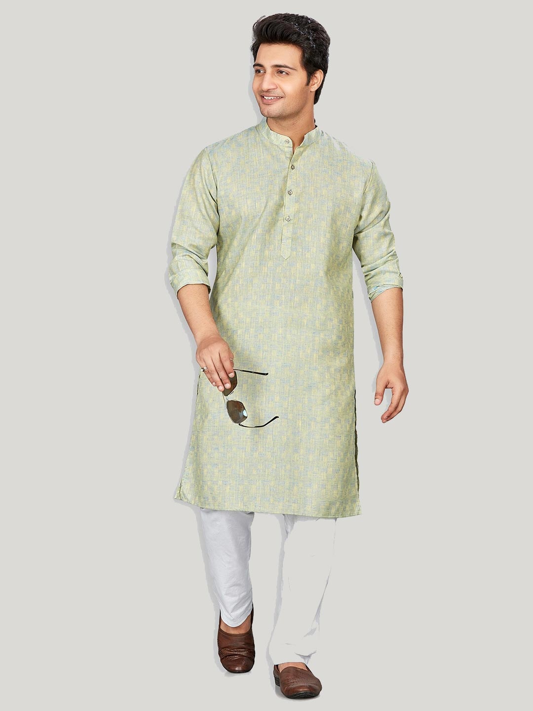 

Authentics Mandarin Collar Long Sleeves Jacquard Kurta with Pyjamas, Blue