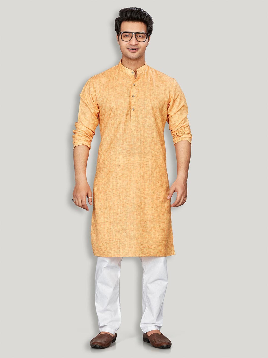 

Authentics Mandarin Collar Long Sleeves Jacquard Kurta with Pyjamas, Orange
