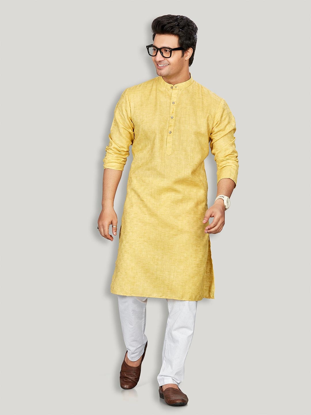 

Authentics Mandarin Collar Long Sleeves Jacquard Kurta with Pyjamas, Yellow