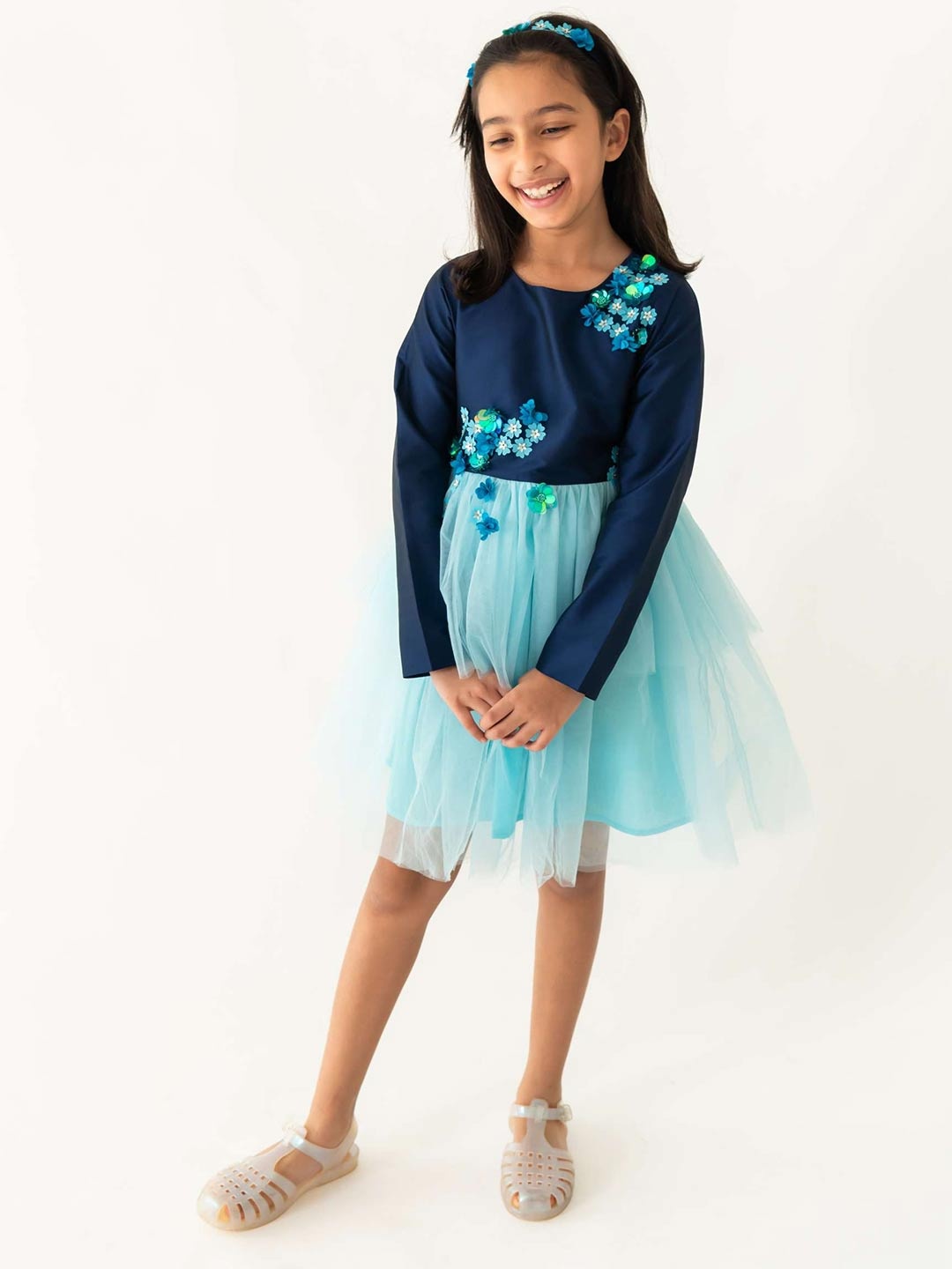 

A Little Fable Girls Round Neck Full Sleeves Peony Fit and Flare Dress, Navy blue