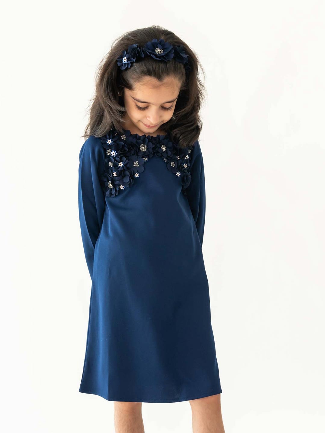 

A Little Fable Girls Round Neck Opaque Floral A-Line Dress, Navy blue