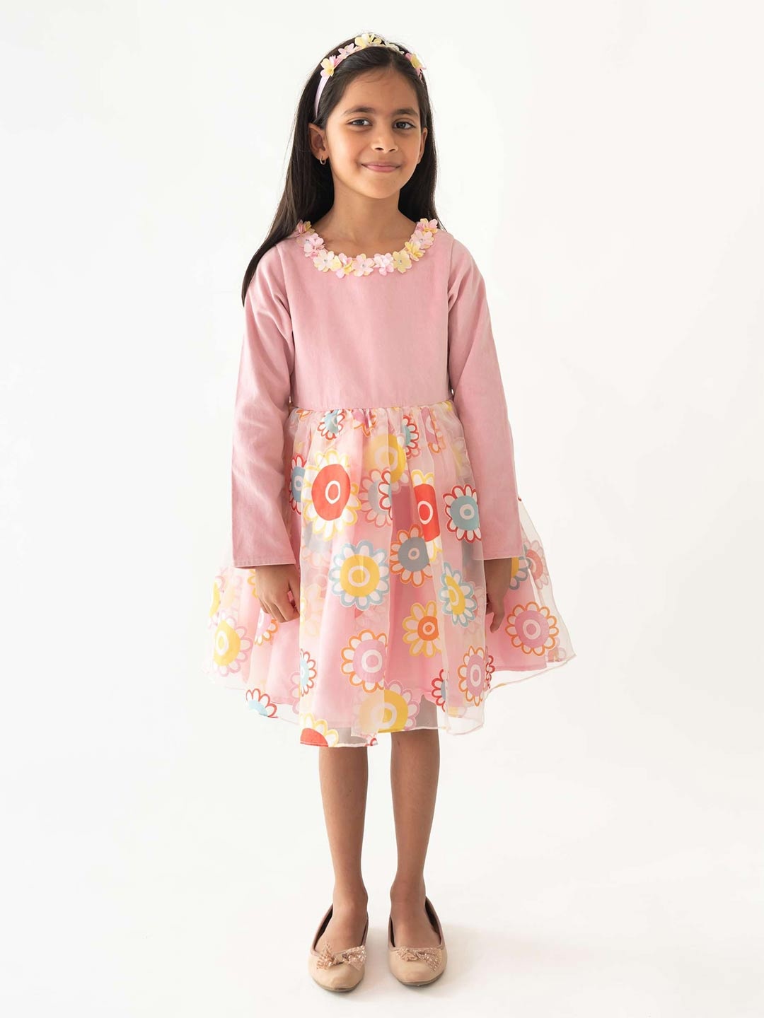 

A Little Fable Girls Round Neck Opaque Floral Fit and Flare Dress, Pink