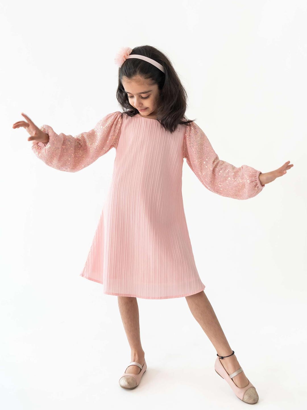 

A Little Fable Girls Round Neck Misty Shimmer A-Line Dress, Peach