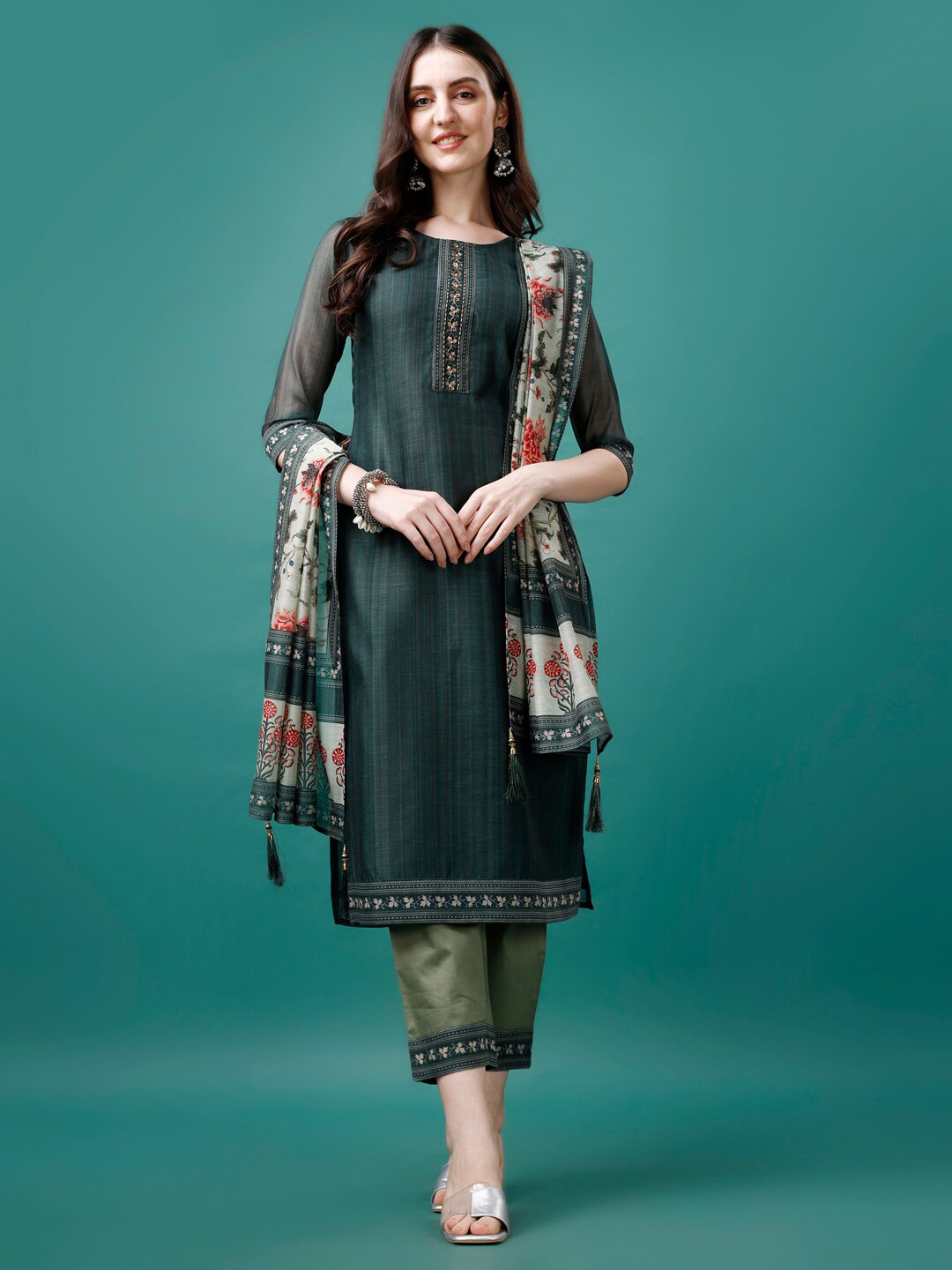 

KALINI Round Neck Embroidered Chanderi Silk Kurta with Trousers & Dupatta, Green
