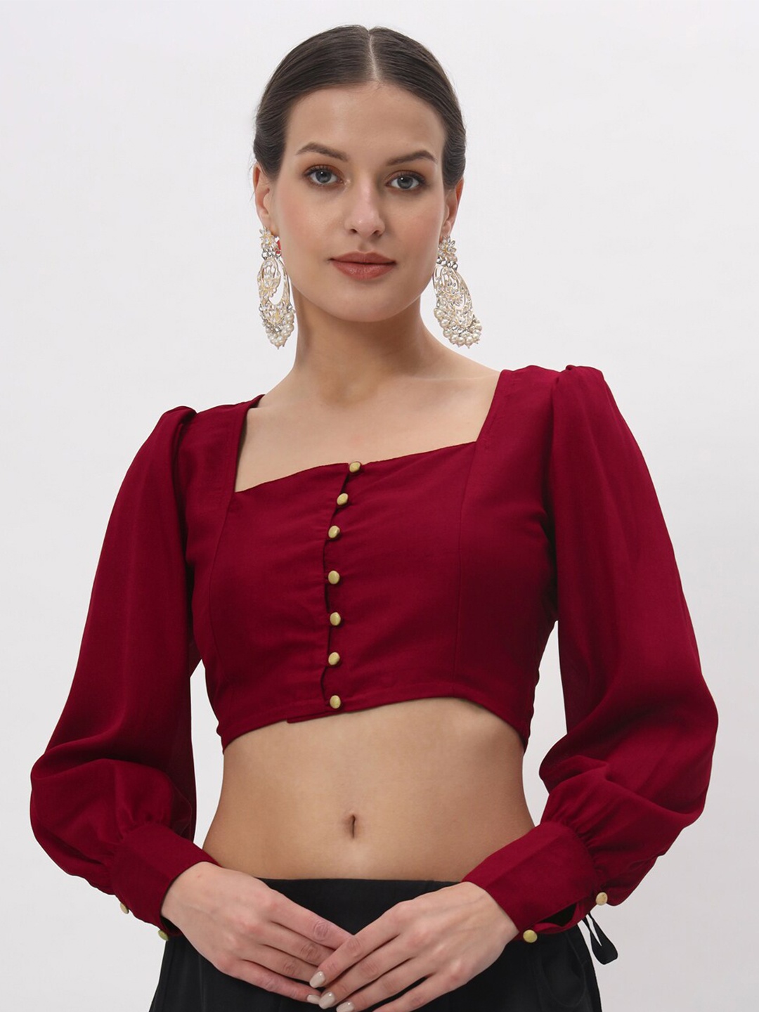 

studio rasa Square Neck Puff Sleeves Saree Blouse, Maroon