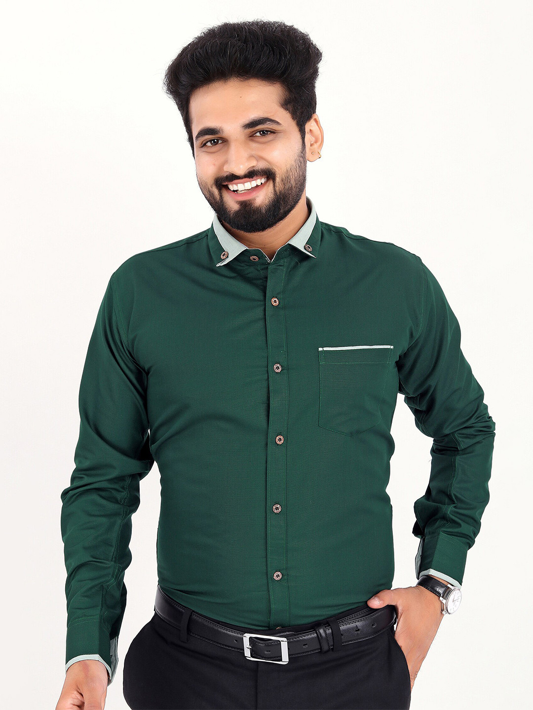 

GETCHI Spread Collar Premium Regular Fit Curved Formal Shirt, Green