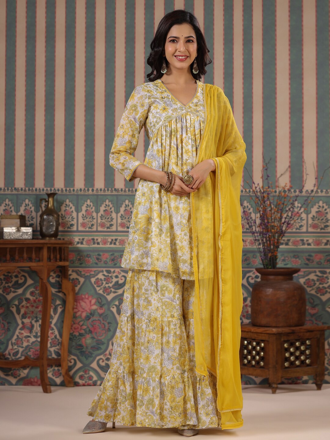 

Readiprint Floral Printed V-Neck Empire A-Line Kurta With Sharara & Dupatta, Yellow