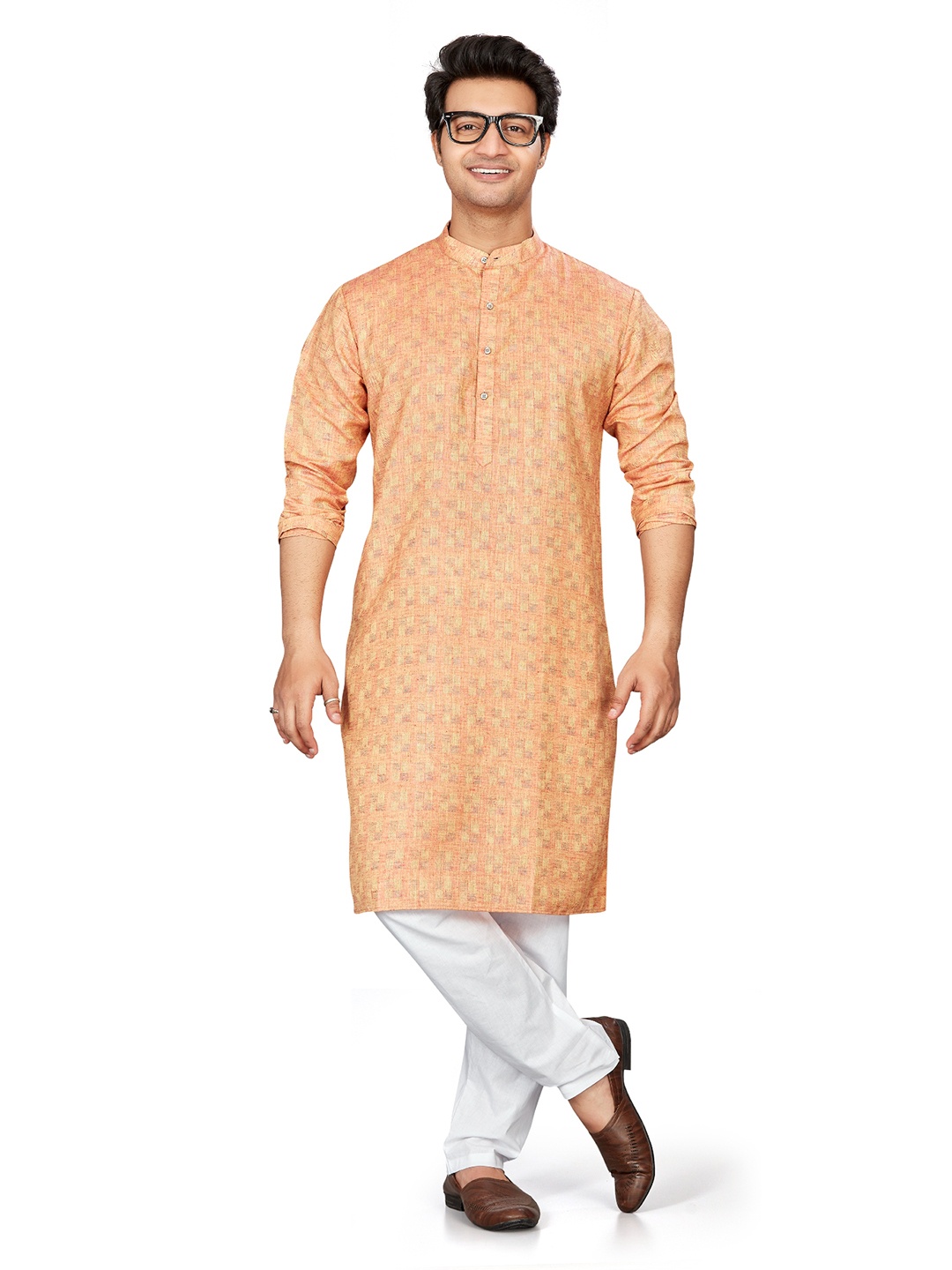 

Authentics Mandarin Collar Long Sleeves Jacquard Kurta with Pyjamas, Peach