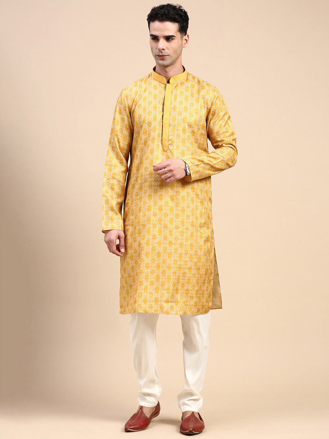 

Rishika Ethnic Motifs Printed Mandarin Collar Art Silk Straight Kurta With Pyjama, Yellow