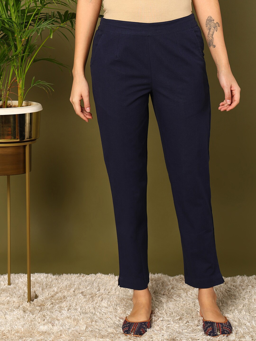 

mokshi Women Mid-Rise Pure Cotton Trousers, Navy blue