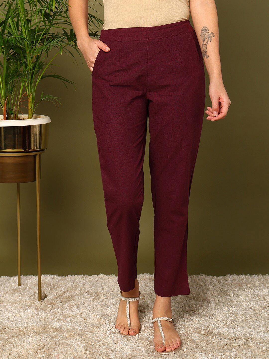 

mokshi Women Mid-Rise Pure Cotton Trousers, Burgundy