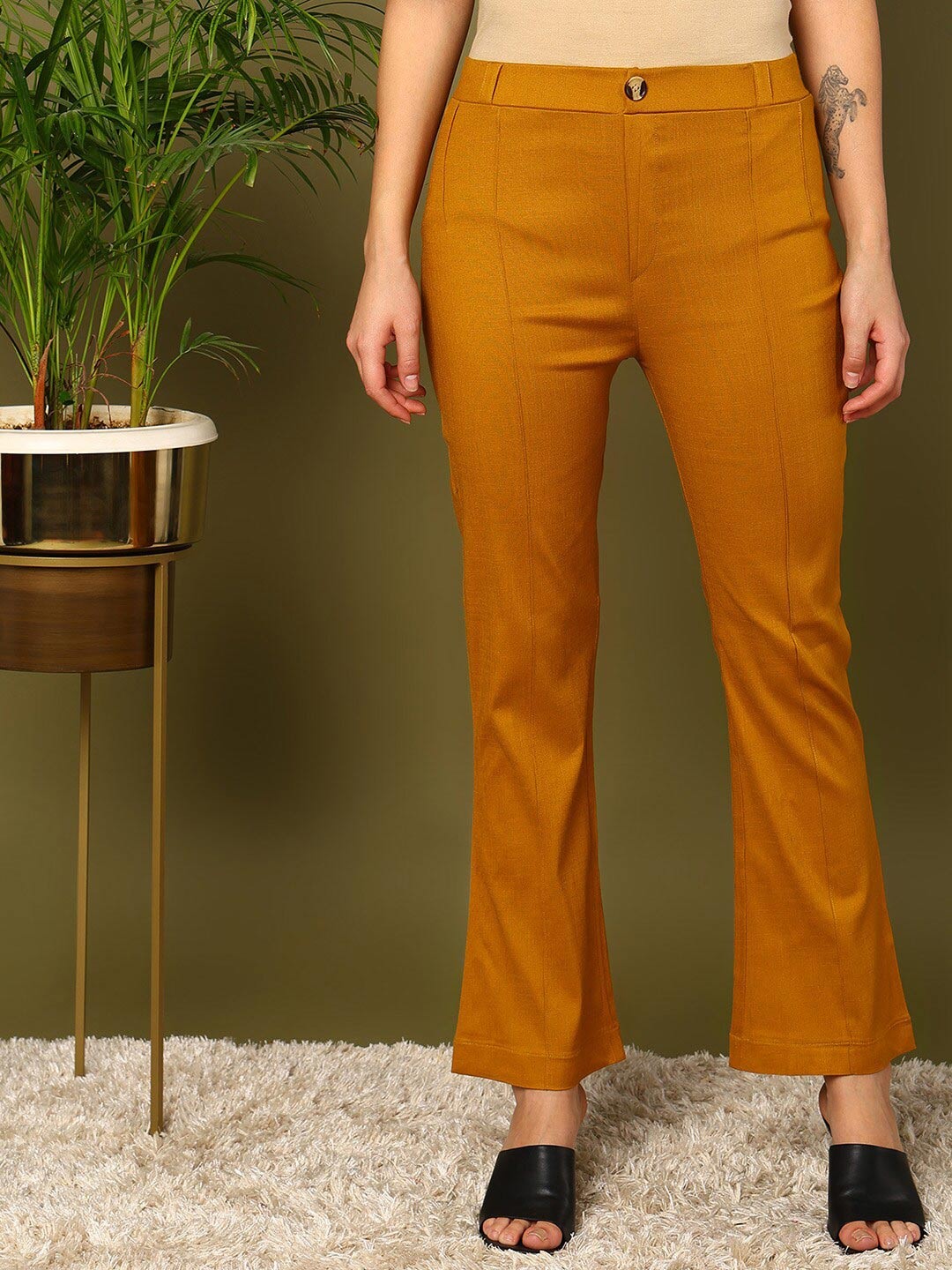 

mokshi Women Pleated Bootcut Trousers, Mustard