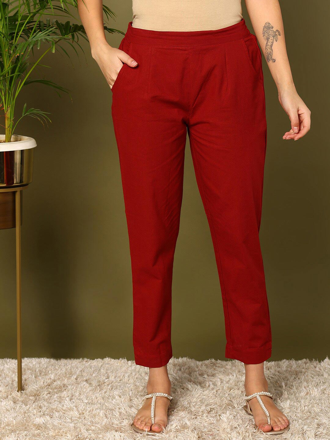 

mokshi Women Mid-Rise Pure Cotton Trousers, Maroon
