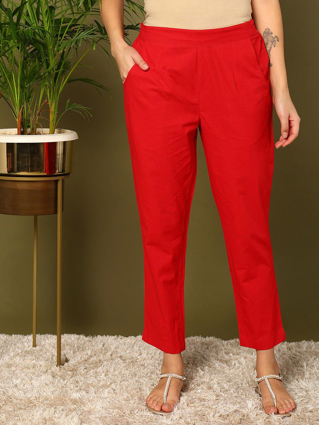 

mokshi Women Mid-Rise Pure Cotton Trousers, Red