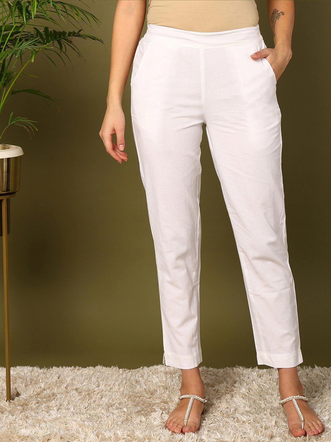 

mokshi Women Mid-Rise Pure Cotton Trousers, White