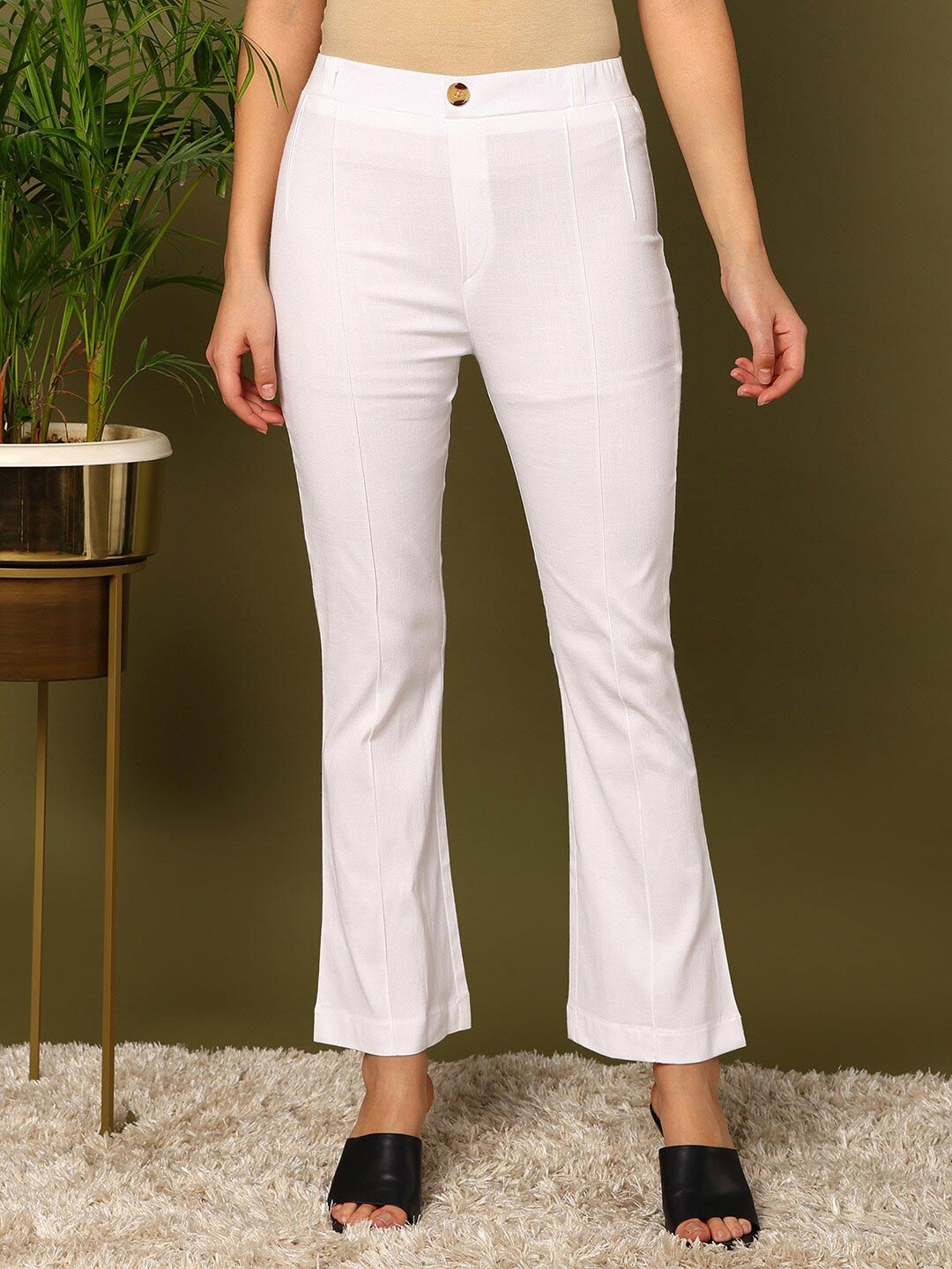 

mokshi Women Mid-Rise Pleated Bootcut Trousers, White