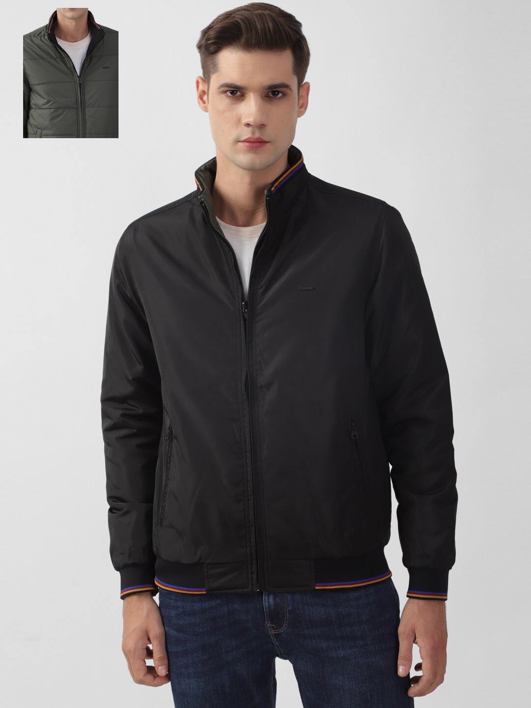 

PETER ENGLAND UNIVERSITY Stand Collar Long Sleeves Reversible Bomber Jacket, Black
