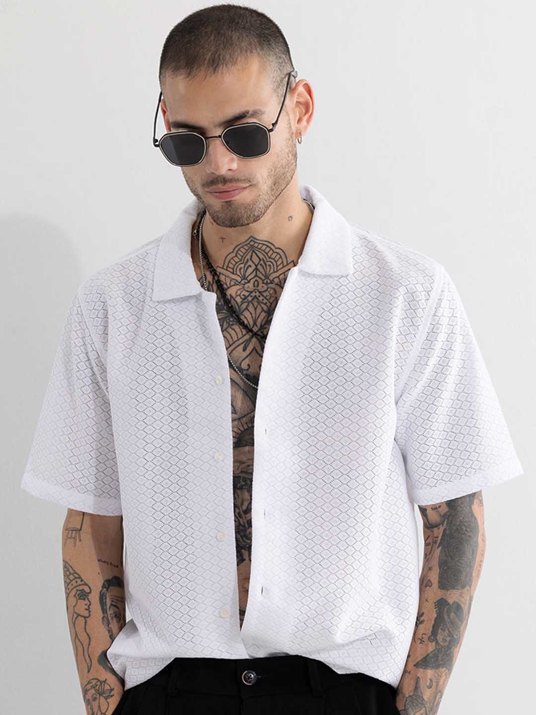 

Snitch Men White Classic Boxy Casual Shirt