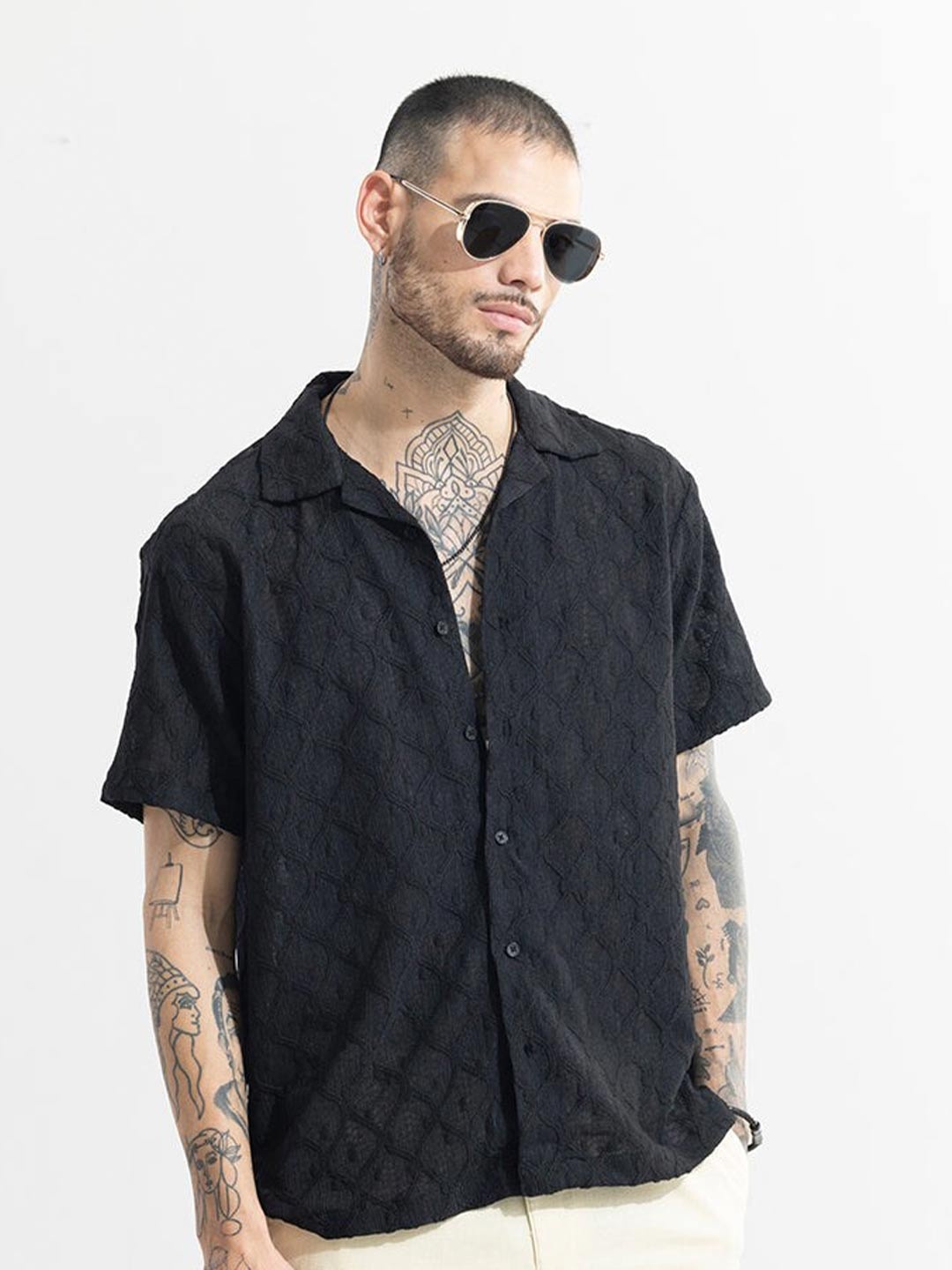 

Snitch Classic Fit Textured Short Sleeves Boxy Shirt, Black