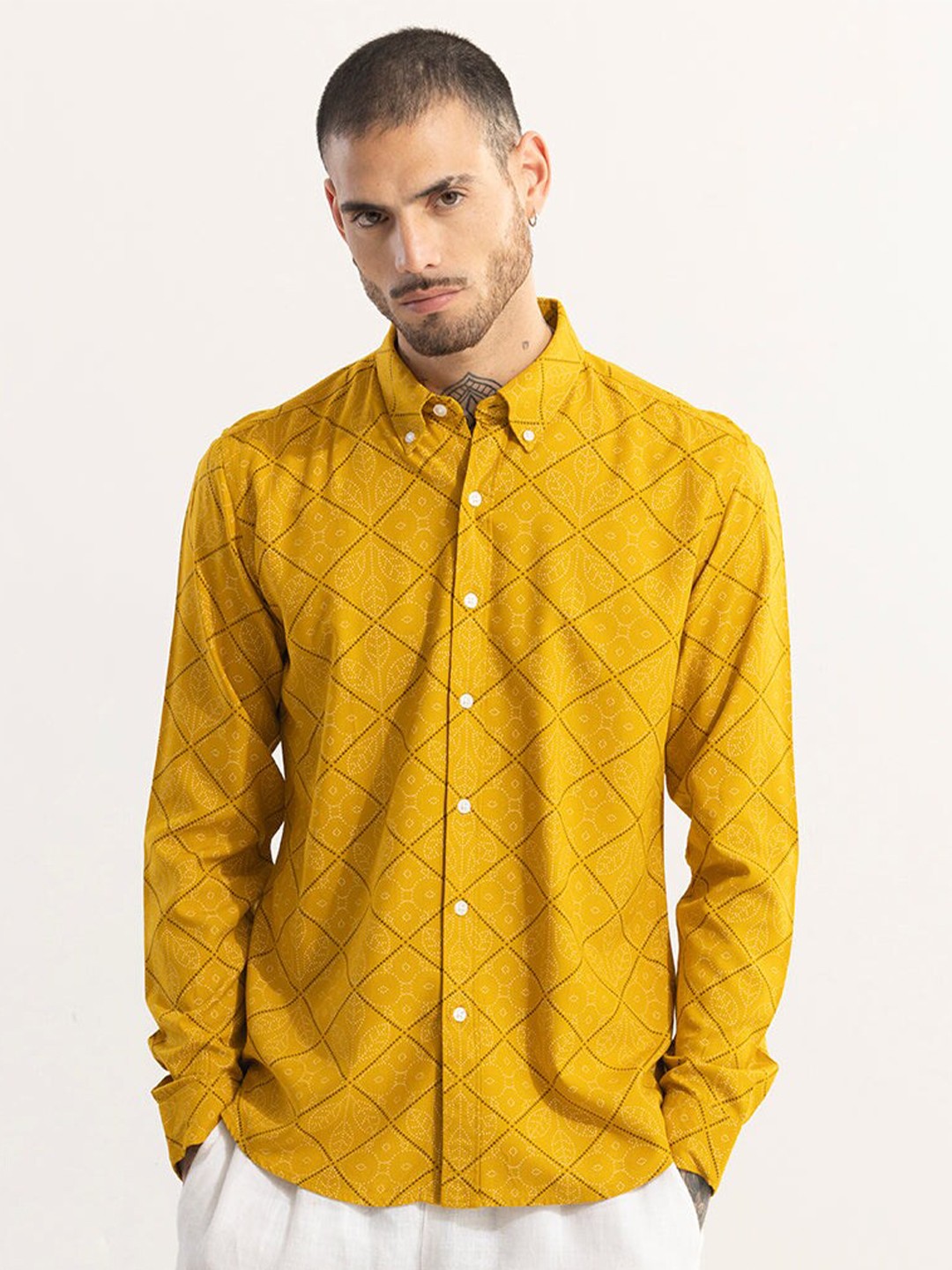 

Snitch Classic Fit Geometric Printed Long Sleeves Slim Fit Shirt, Yellow