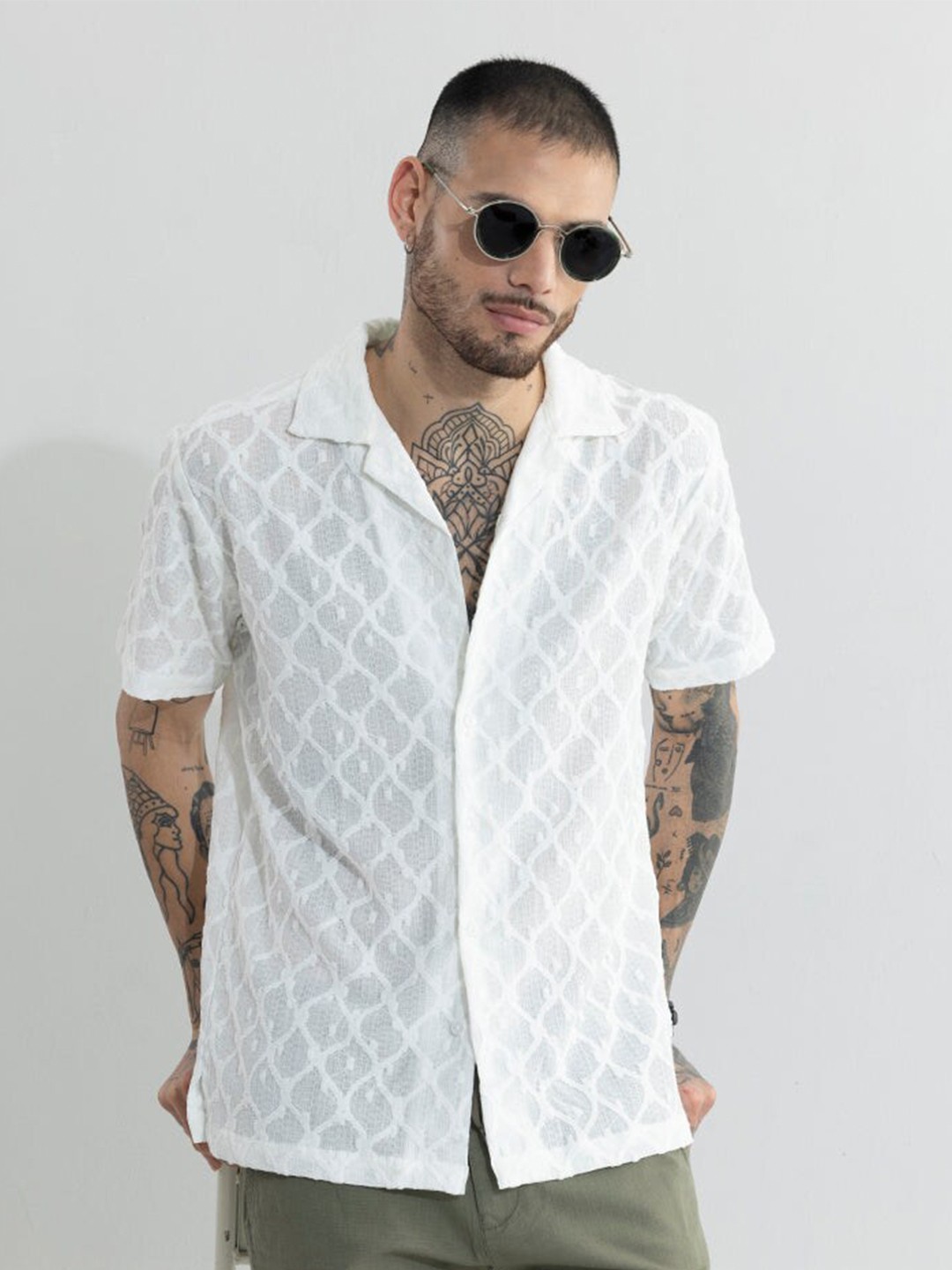

Snitch Classic Fit Textured Short Sleeves Boxy Shirt, White