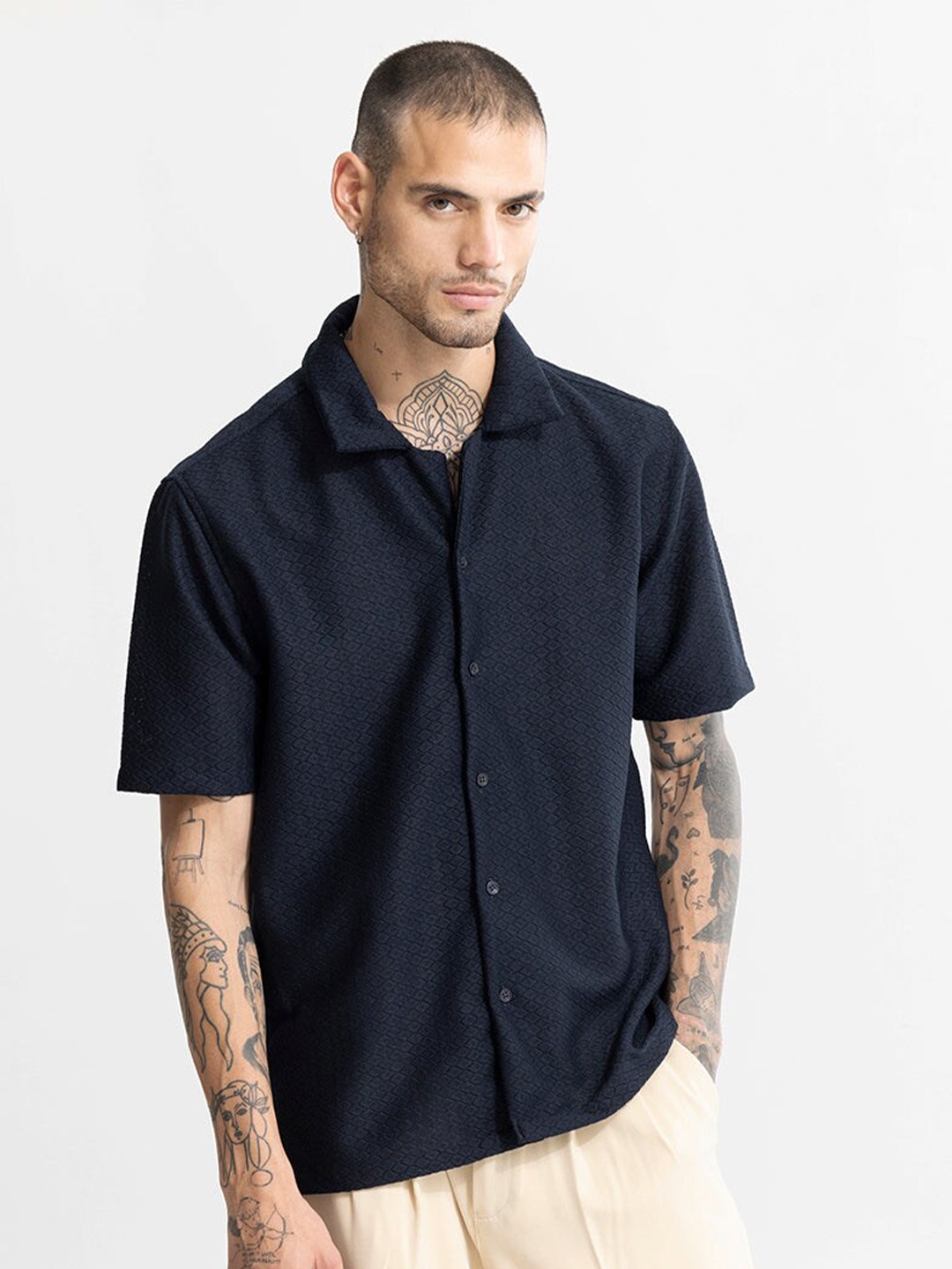 

Snitch Abstract Printed Classic Boxy Casual Opaque Shirt, Navy blue