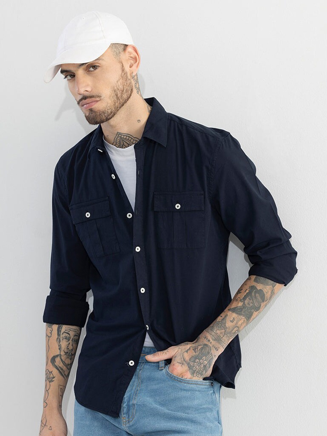 

Snitch Navy Blue Duple Pocket Classic Slim Fit Casual Shirt