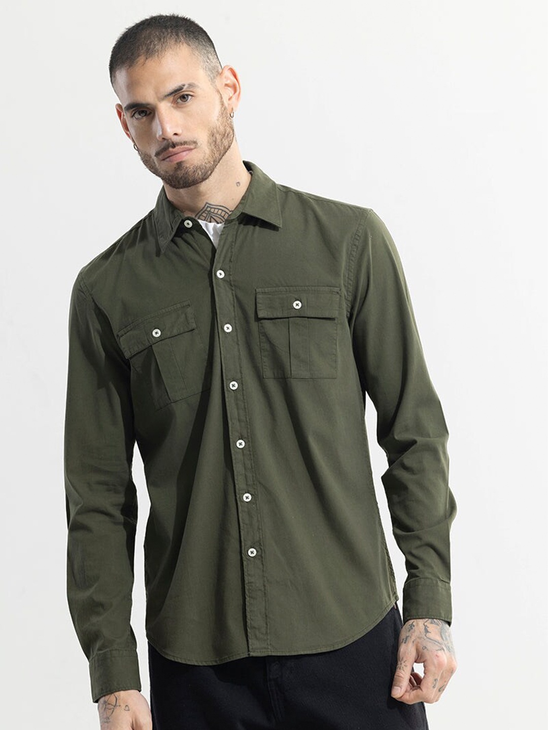 

Snitch Classic Slim Fit Opaque Cotton Casual Shirt, Olive