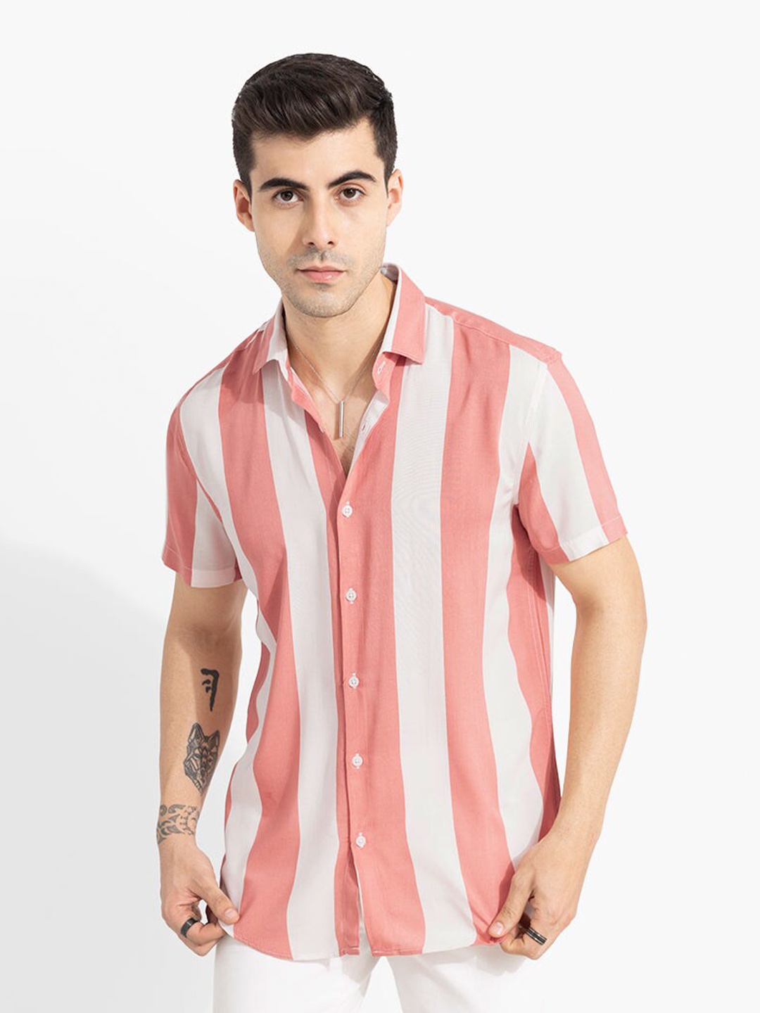 

Snitch Classic Slim Fit Striped Opaque Casual Shirt, Pink