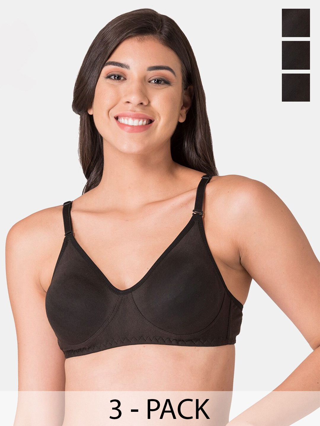 

KOMLI Pack of 3 Non Padded Full Coverage Cotton Beginners Bras With All Day Comfort, Black