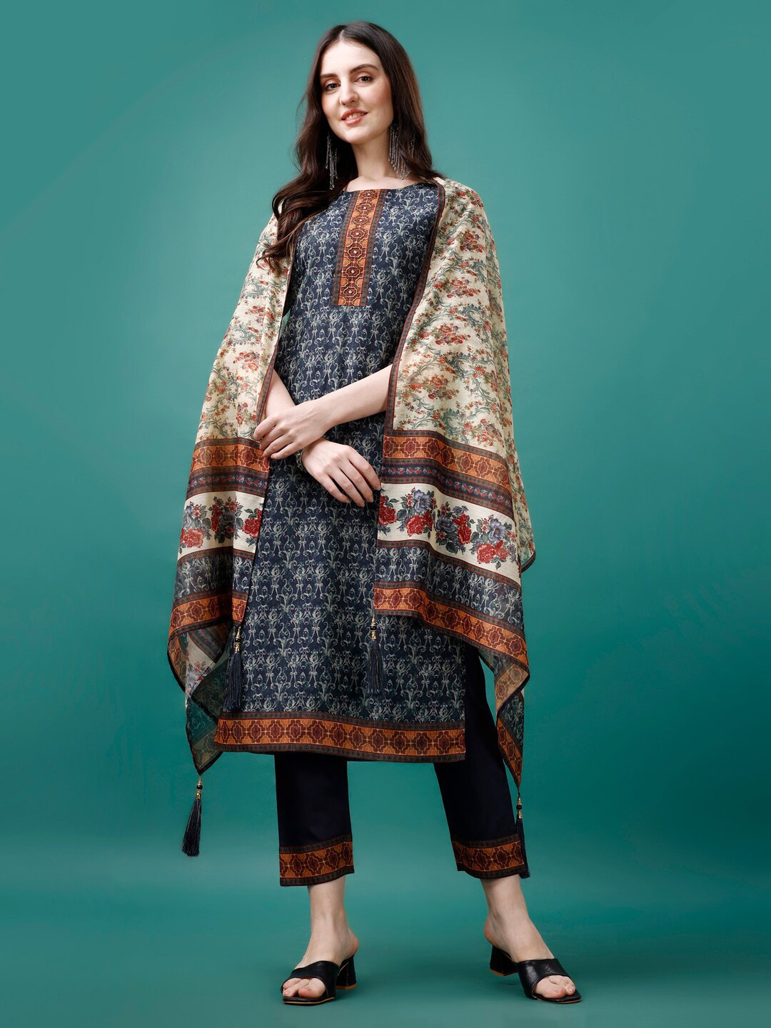

KALINI Round Neck Embroidered Chanderi Silk Kurta with Trousers & Dupatta, Blue