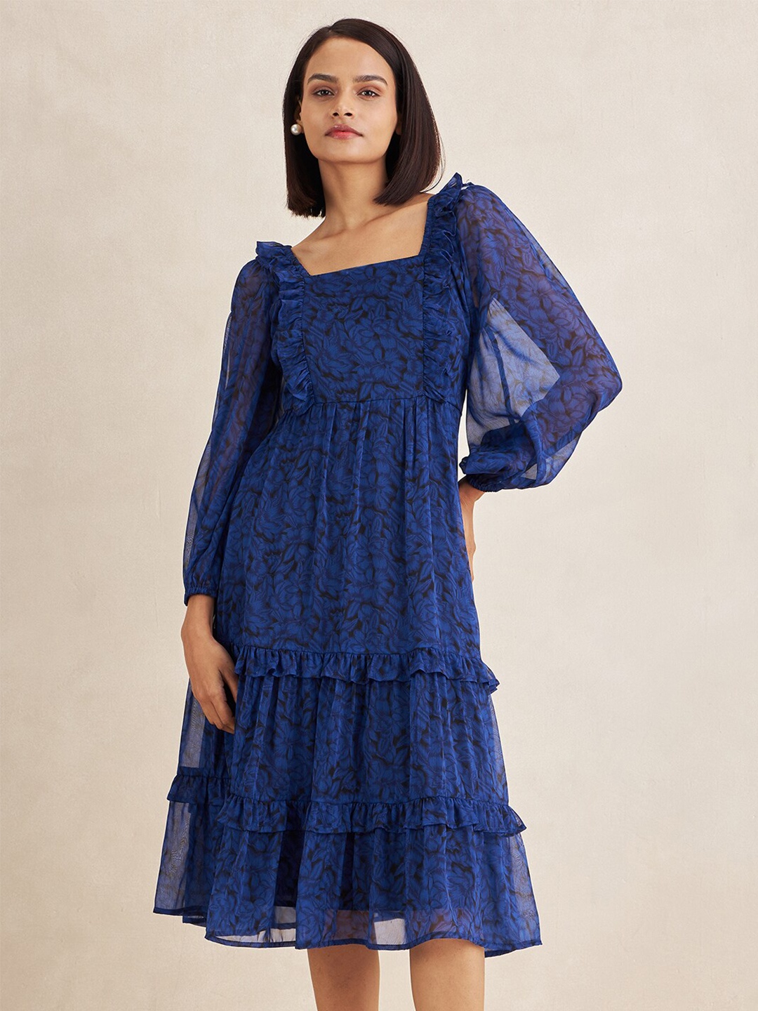 

FEMMELLA Floral Printed Tiered Midi Dress, Blue